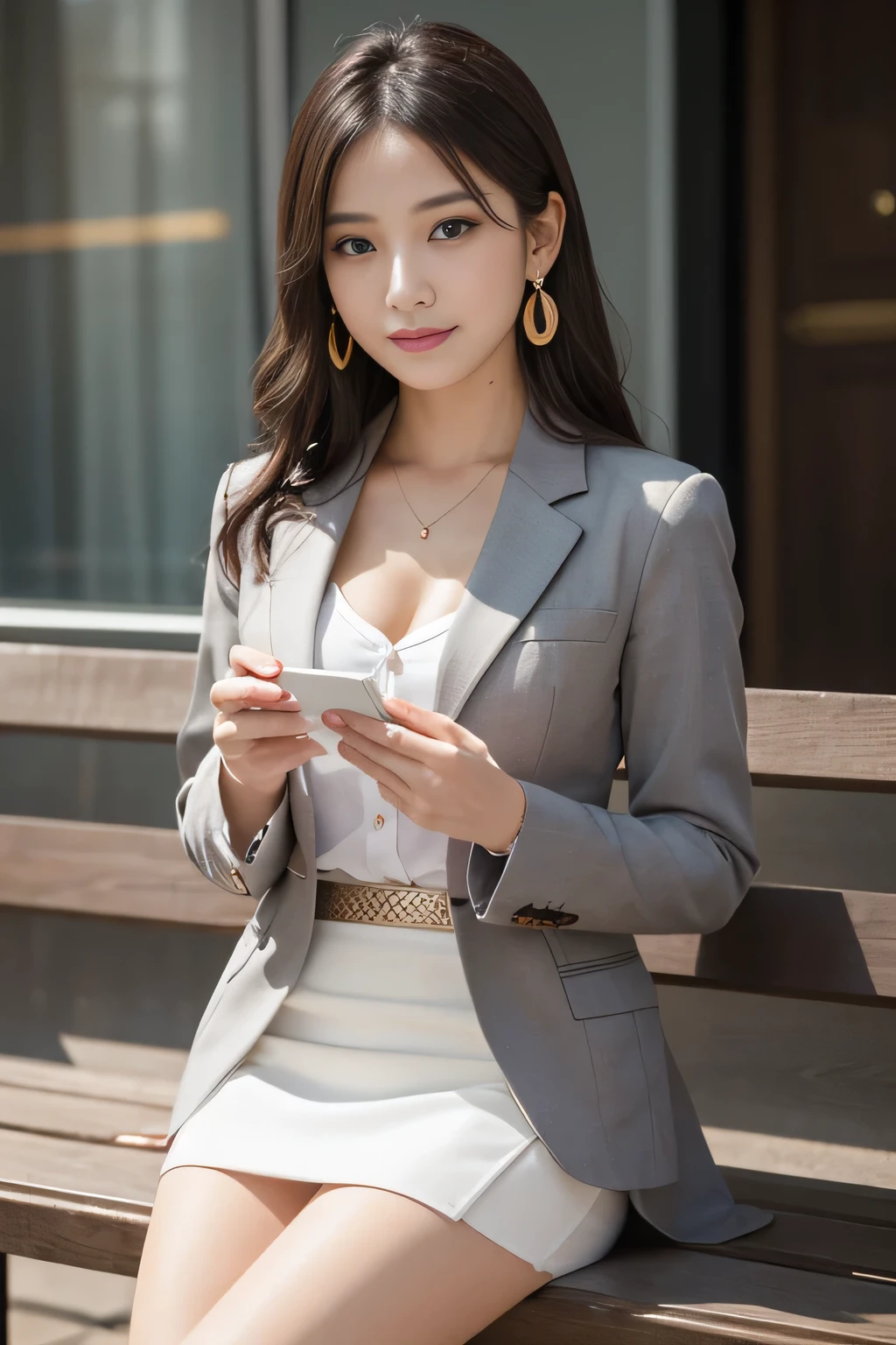 1 female), beautiful, Great face and eyes, Compensate, (Very detailedbeautiful顔), Captivating smile, (highest quality:1.4), (Very detailed), (very detailed CG synthesis 8k wallpaper), Very detailed, RAW Photos, Professional photography, (Dark colored suit, White mini skirt:1.2), (A business shirt with a wide open chest), length, light brown, Messy Hair、Big earrings、Sitting on a bench、