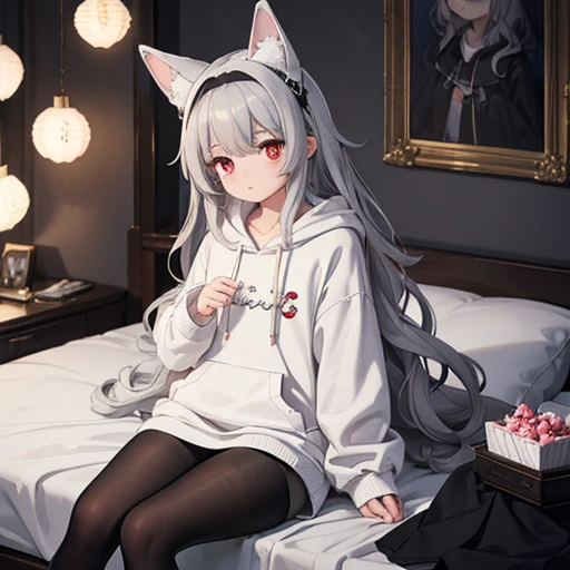 Sleepily holding a card,(Silver Long Hair,bangs,Curly hair,Sharp eyes),Red Eye,Dimly lit room,Cute sweets,(Oversized off-white hoodie,Black Long Skirt,Grey tights),Headgear