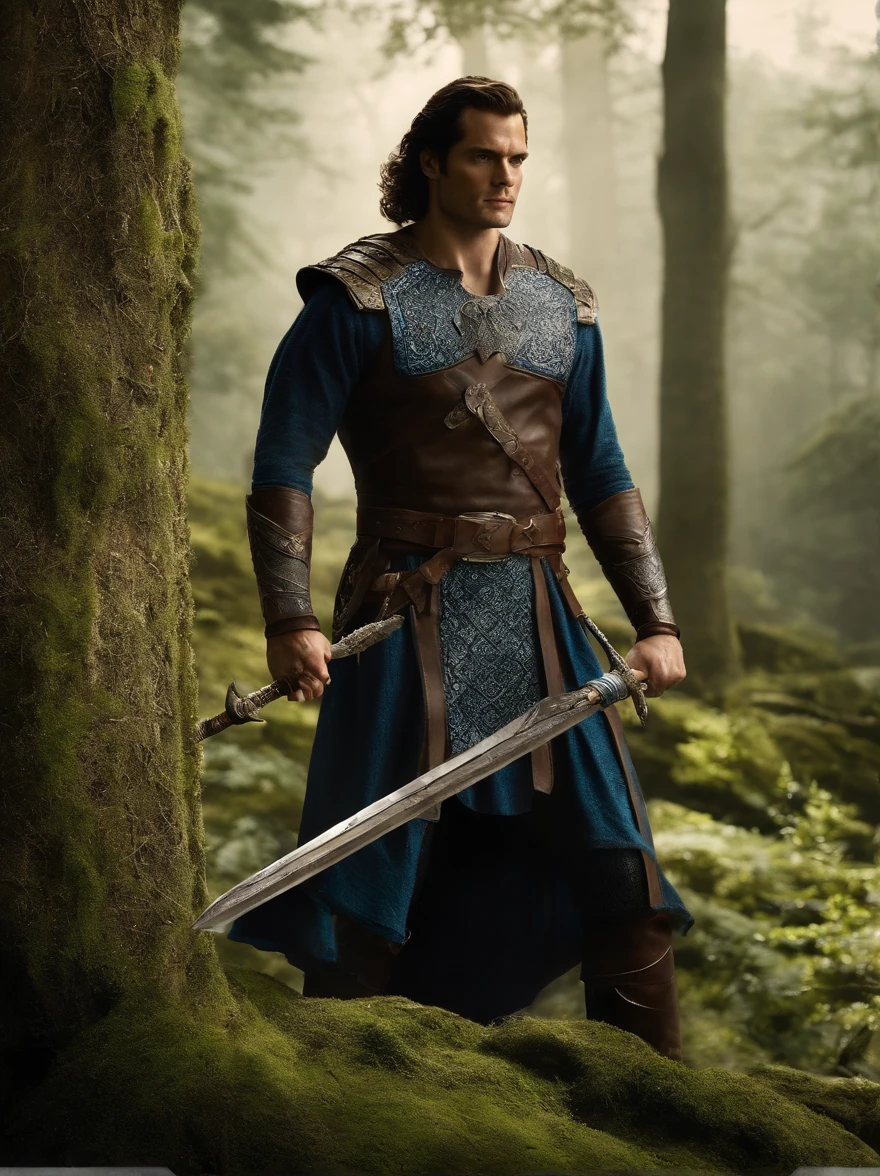 Henry Cavill as Connor McLeod, the Immortal  Highlander holds an Excalibur, Delicate sleeves, The sword body is exquisite，well decorated,（((The blade is designed with a pattern in the form of blue opal and light green particle effects..：1.3))), Se, (The sword body is symmetrically decorated:1.3), (The entire Excalibur blade is centered:1.3), Mid-range close-up,（General silhouette:1.3),（Fantastic landscape painting:1.2), Ultra Realistic Photo, super-fine, 8K, Premium wallpapers, Highest image quality, ..。.。...。.。.3D,C4D, tmasterpiece, rendering by octane, A spear made of rune craft and Yggdrasil bark, Odin's Spear, Holding a spear,