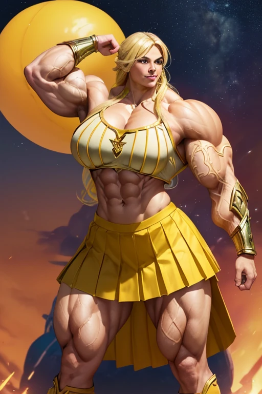 ((((Massive, tall, beautiful, buff, muscular brown skinned female Valkyrie with yellow hair, ginormous bulky muscles and wearing an all yellow gleaming Valkyrie armor and pleated skirt)))), (close view), black eyeliner, massive muscles, massive biceps, hyper muscle triceps, (long flowing hair), gray eyes, valkyrie boots, In heaven, steel Valkyrie armor, armor breastplate, nighttime, confident smile, (hyper muscles arms), hyper muscle legs, (ginormous arms)