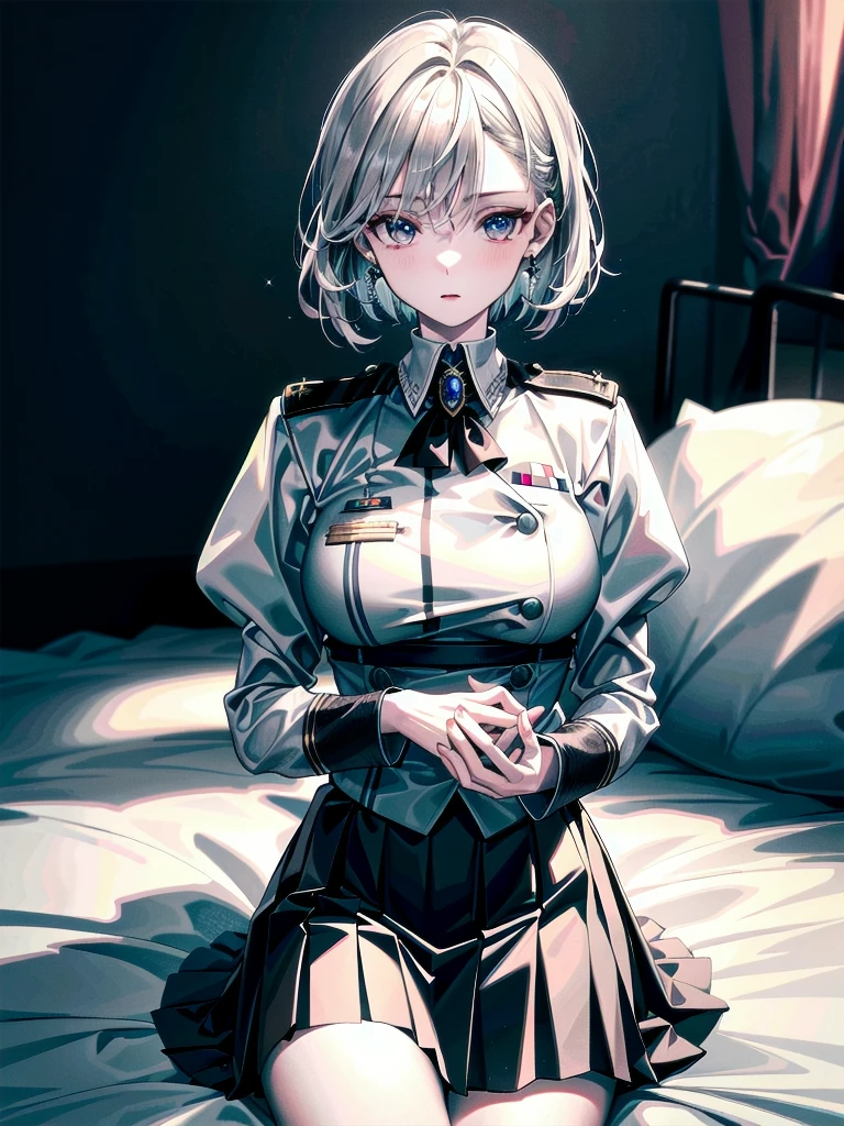 military uniform, absurdres, RAW photo, extremely delicate and beautiful, masterpiece, Best Quality, ultra high resolution, 32k, hyperrealistic, ultra-detailed, detailed description, pale skin, 20 years old, tearful mole, earring, Colossal tits, short medium hair, wavy hair, pleated skirt,