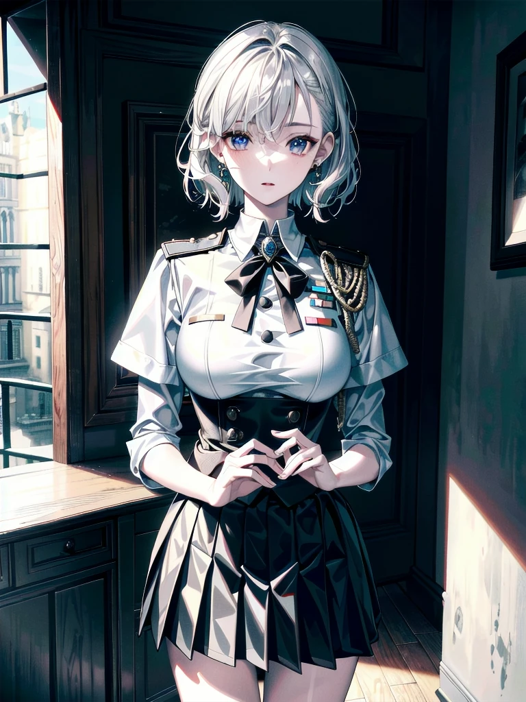 military uniform, absurdres, RAW photo, extremely delicate and beautiful, masterpiece, Best Quality, ultra high resolution, 32k, hyperrealistic, ultra-detailed, detailed description, pale skin, 20 years old, tearful mole, earring, Colossal tits, short medium hair, wavy hair, pleated skirt,