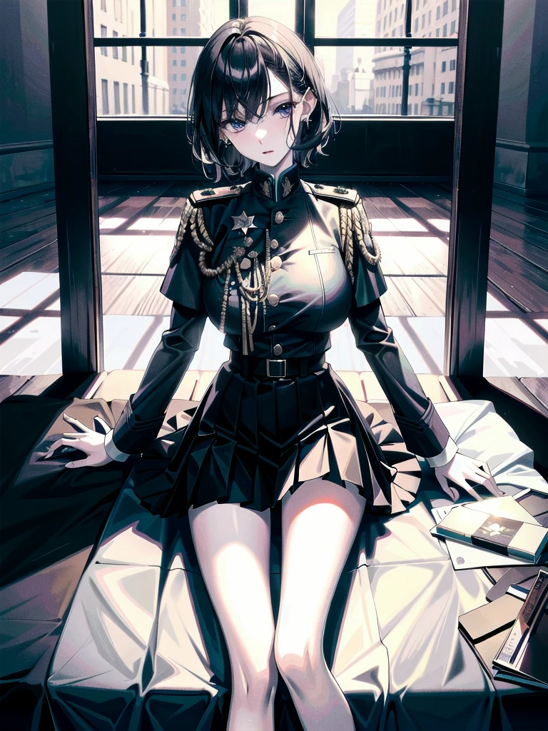 military uniform, absurdres, RAW photo, extremely delicate and beautiful, masterpiece, Best Quality, ultra high resolution, 32k, hyperrealistic, ultra-detailed, detailed description, pale skin, 20 years old, tearful mole, earring, Colossal tits, short medium hair, wavy hair, pleated skirt,