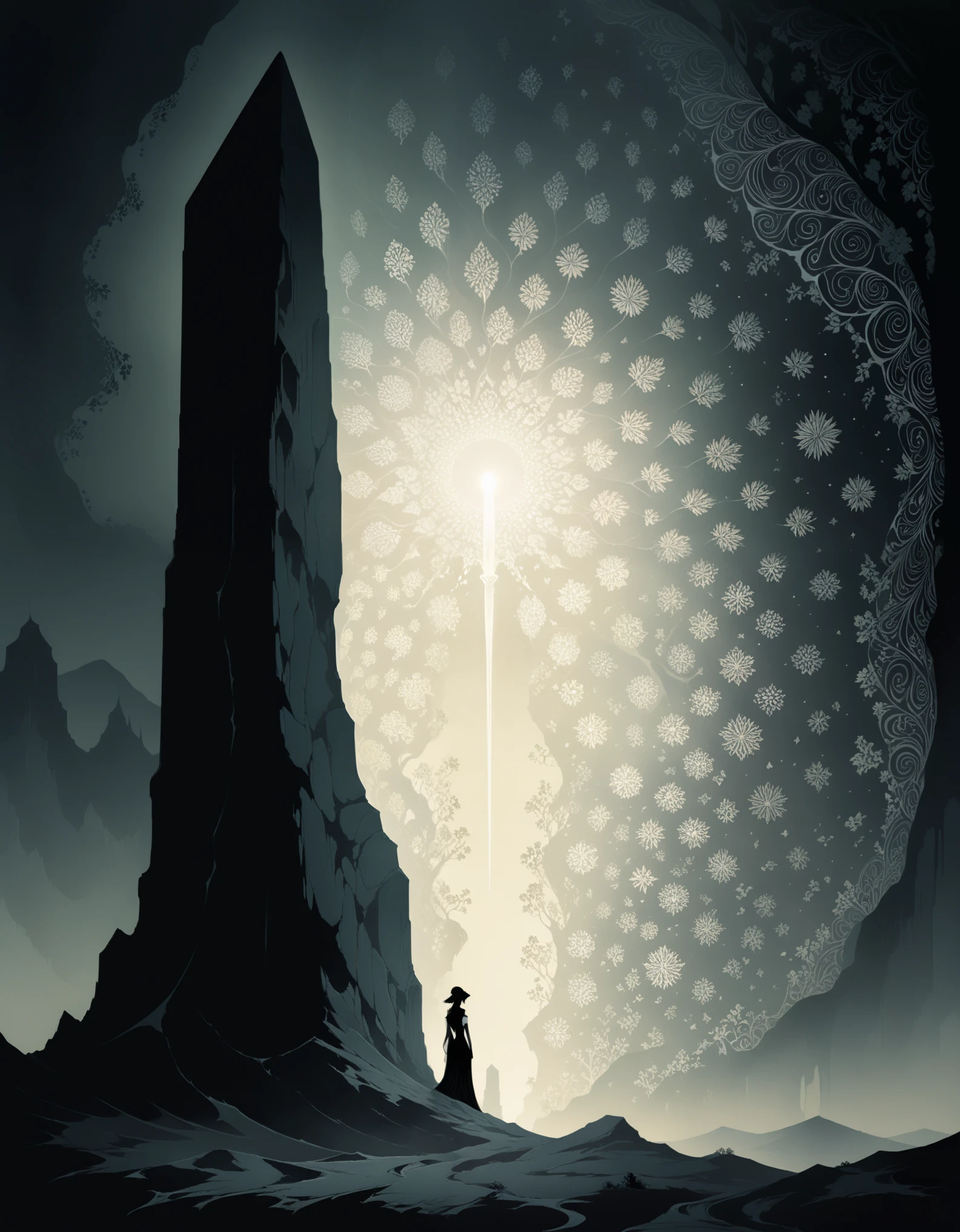 in style of Aubrey Beardsley,mystery book cover art, suspenseful, shadowy, atmospheric, dark colors "visualize a desolate expanse where a spectral landscape unfolds from an ambient haze, as if the very fabric of reality has been drained of color and vitality. a crystalline monolith,(smooth, Full of mysterious patterns, With a miraculous light:1.8)rises from the barren terrain like a shard of forgotten knowledge, Casting an eerie glow on a featureless landscape, the artwork should evoke a sense of disquieting detachment, where the boundaries between nothingness and existential despair blur, leaving the viewer suspended in a state of numb indifference.", vivid color