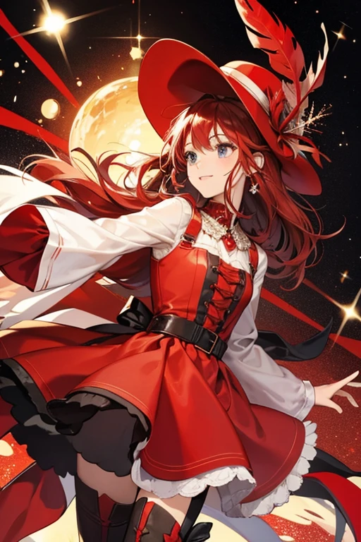 wears a hat with a red feather on it, a red dress and black boots. SPARKLE; GLITTER