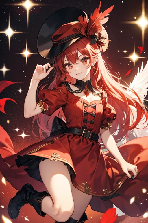  wears a hat with a red feather on it, a red dress and black boots.  SPARKLE; GLITTER
