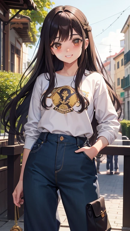 chica joven, Long brown hair, orejas de gato, ojos amarillos, sonrisa, Parte superior ajustada a los marrones, pantalones, diadema, Elementos de oro, ella-ra, Obra maestra, alta calidad, 4k, High Definition, Buen detalle