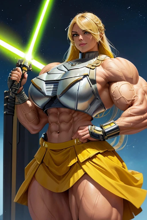 ((((Massive, tall, beautiful, buff, muscular brown skinned female Valkyrie with yellow hair, ginormous bulky muscles, holding a lightsaber sword and wearing an all yellow gleaming Valkyrie armor and pleated skirt)))), (close view), black eyeliner, massive muscles, massive biceps, hyper muscle triceps, (long flowing hair), gray eyes, valkyrie boots, In heaven, steel Valkyrie armor, armor breastplate, nighttime, confident smile, (hyper muscles arms), hyper muscle legs, (ginormous arms)