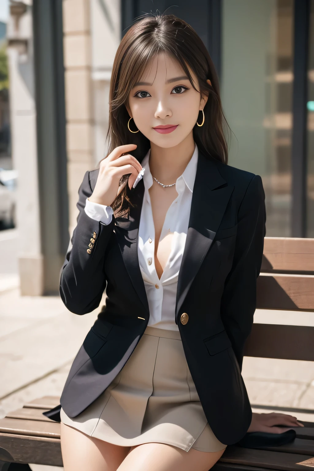 1 female), beautiful, Great face and eyes, Compensate, (Very detailedbeautiful顔), Captivating smile, (highest quality:1.4), (Very detailed), (very detailed CG synthesis 8k wallpaper), Very detailed, RAW Photos, Professional photography, (Dark colored suit, White mini skirt:1.2), (A business shirt with a wide open chest), length, light brown, Messy Hair、Big earrings、Sitting on a bench、