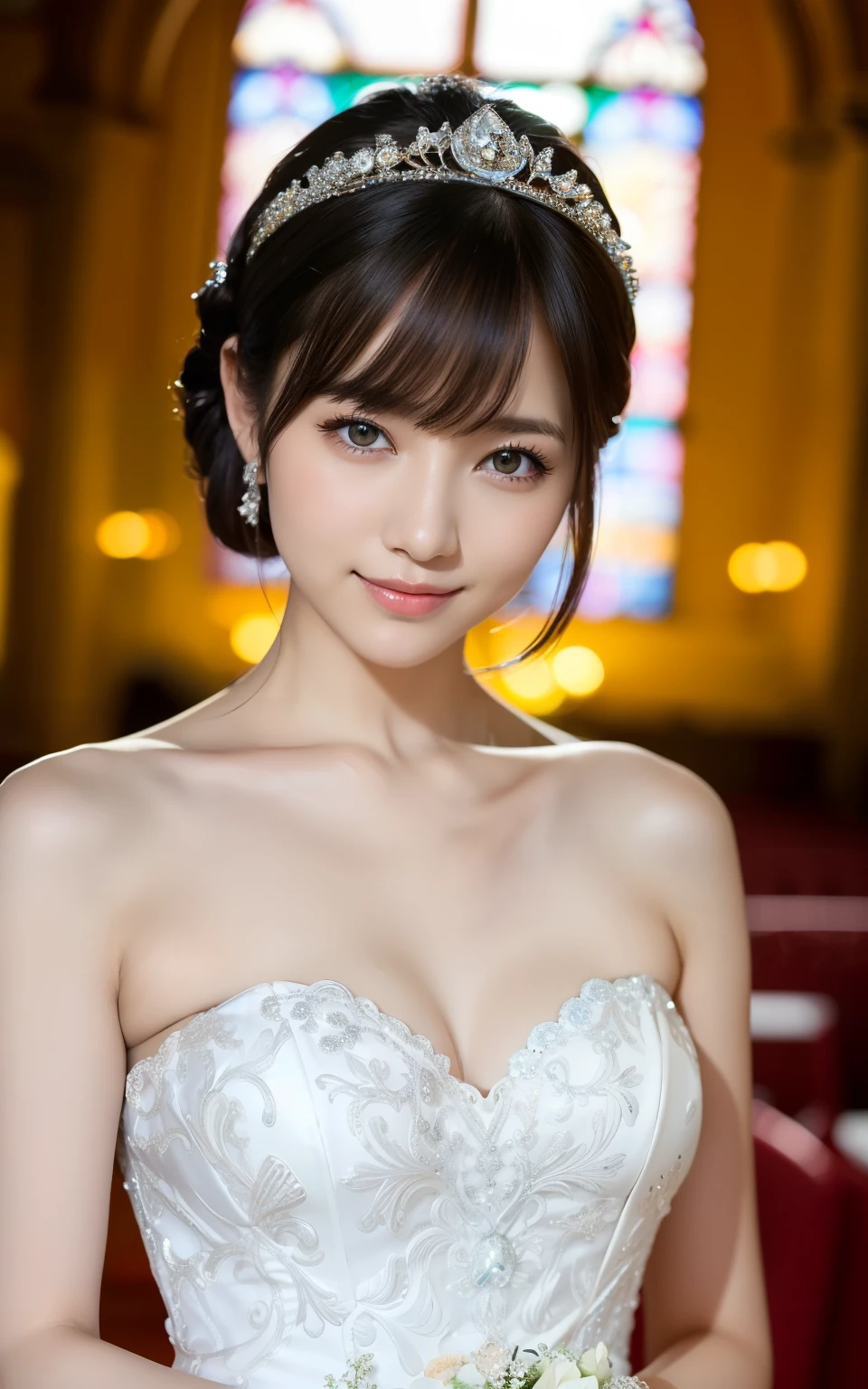 (highest quality:1.5)、(Realistic:1.5)、(1 person:1.5)、(Medium Shot:1.5)、Very detailed、High resolution、8k wallpaper、、Normal milk、Natural color lips、Cute Smile、Japanese women、20-year-old girl、Beautiful and elegant face、Perfect and beautiful face、Large, balanced eyes、Brunette's eyes、Beautiful and elegant face、Beautiful double eyelids、Natural Bangs、Beautiful thin nose、Beautiful Skin、Fair skin、(Medium Bob Hair)、Natural Bangs、Perfect and beautiful face、Slim face and figure、(Looking at the camera with a sweet smile)、Bright lighting、Professional Lighting、Forward lighting、Wedding dress、tiara、(白いオフショルダーのマーメイドラインのWedding dressを着て)、Wedding ceremony in a church with beautiful stained glass、pose for a photo、