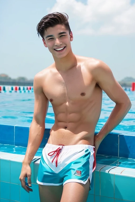 male Age 23 handsome swimwear front view water polo from bottom sea 真剣 smile