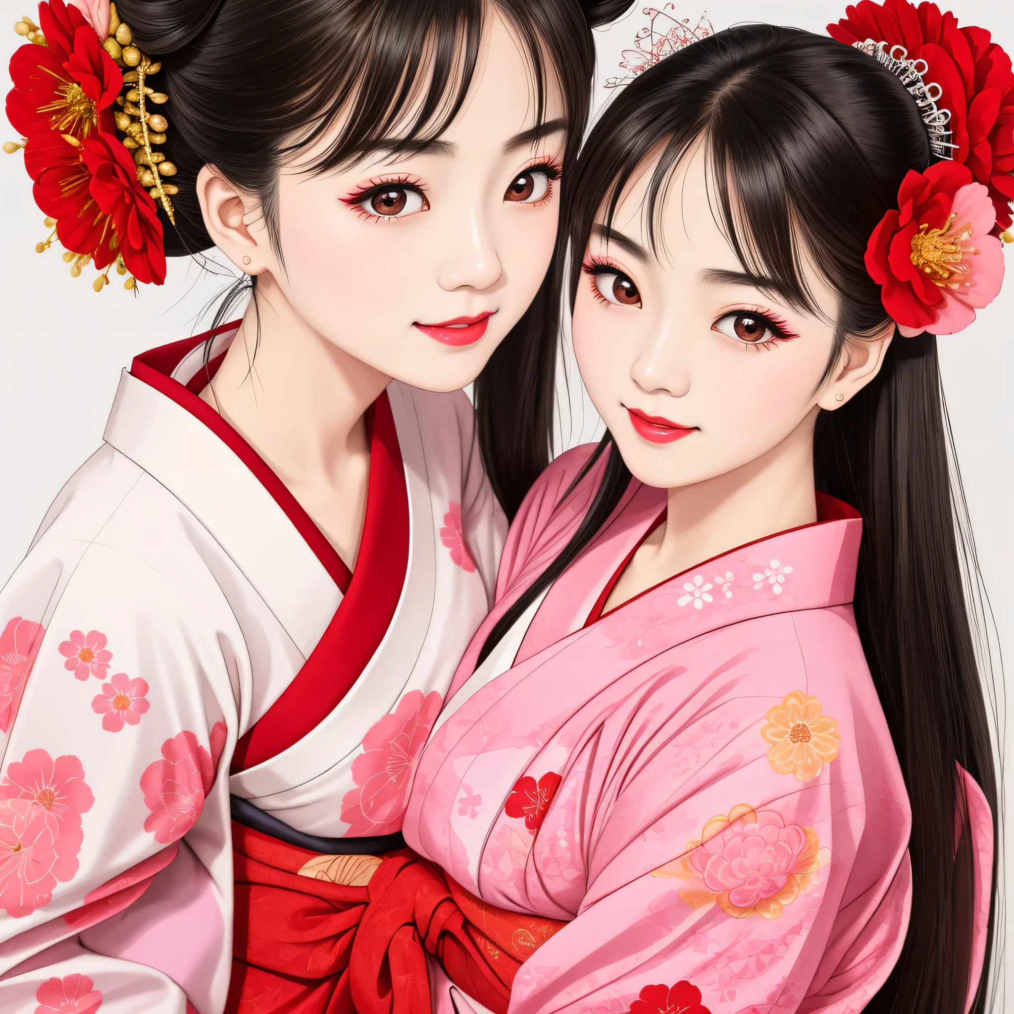 7 sisters, 7 girls with different faces and expressions, dancing gracefully, small faces, top quality, masterpieces, black hair, bun hair, wide angle, diagonally above the waist, magazine cover pose, 8K high resolution, Masterpiece, high resolution, realistic and beautiful light and shadow, top quality, high resolution, very delicate and beautiful, beautiful 8K face, smile and smile. Seven beautiful Japanese girls with eyes, transparent skin, soft hair, eight heads, Japanese style kimonos with red, pink and orange floral patterns on a white background, yukatas, small faces, thin and small noses, red lipstick , glossy skin, very thin eyebrows, overall super high resolution, Maiko-style makeup, fair skin, long and beautiful eyelashes, glossy skin, red cheeks, holding a flower hat prop in one hand, dance, Kasa Odori, Kasanihi Odori, Japan Dance, festival, movie poster style