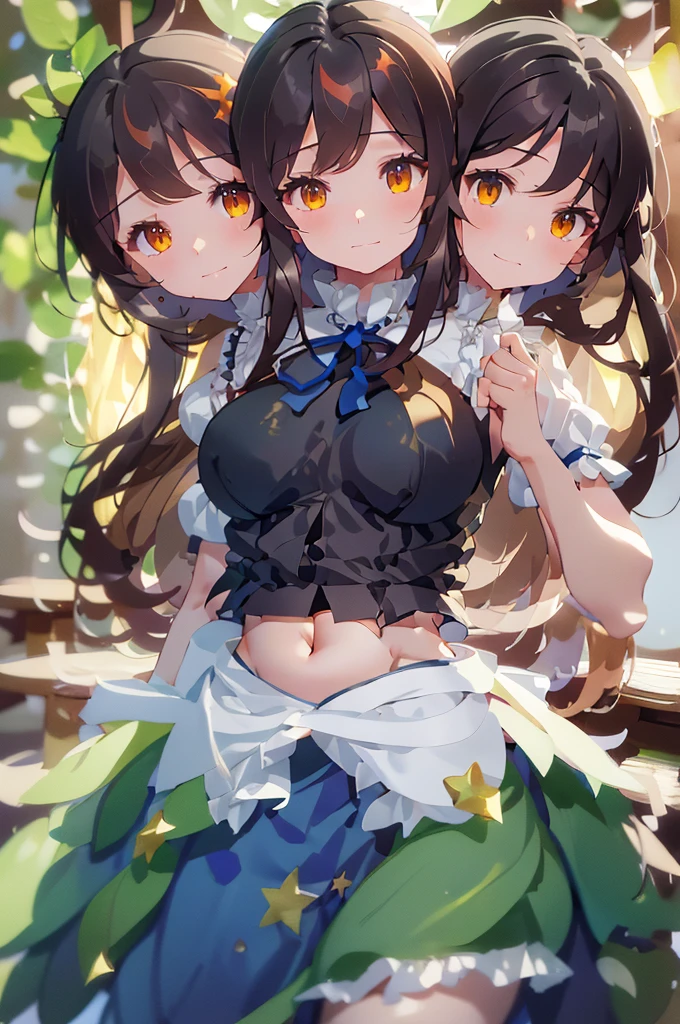 (masterpiece, best quality), best quality, (ultra-detailed), (3heads:1.5), 1girl, (star sapphire:1.3), masterpiece, best quality, ultra quality, ultra resolution, ultra detail, white top, crop top, ((stomach)), midriff, ((groin)), open midriff, white and blue skirt, miniskirt, normal ears, shackles, dark brown hair, very long hair, wavy hair, sidelocks, yellow eyes, detailed eyes, parted lips, fairy wings, sweat, cute, open belly, toned belly, hand on own chest, eyelashes, (24 year old woman:1.3), (masterpiece:1.5), (best quality:1.5), (beautiful detailed), extremely detailed CG, extremely delicate and beautiful, depth of field, (finely detailed face), (perfect details:1.2), (mature female:1.3), wide pelvis, slender, large veiny breast, 16k resolution, highres, high quality, high definition, extremely detailed, masterpiece, dark brown hair, long hair, alluring presence, braid, short skirt, miniskirt, close up, big tits, young, blue ribbon attached to the hair, butterfly-shaped wings, open belly, midriff, nsfw, bare stomach,