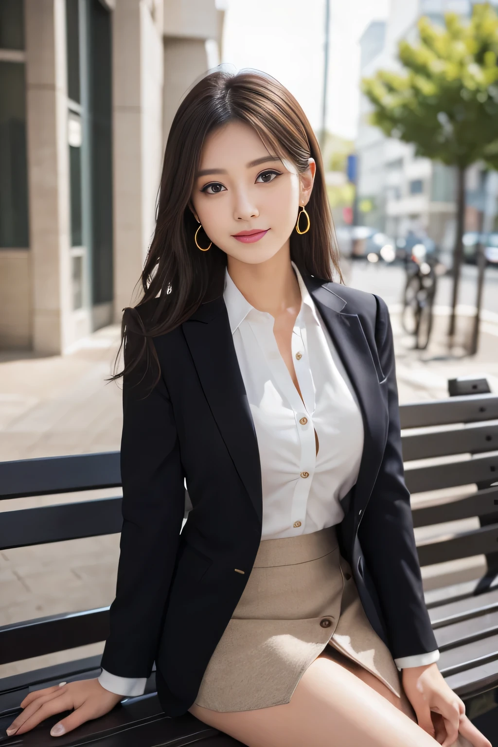 1 female), beautiful, Great face and eyes, Compensate, (Very detailedbeautiful顔), Captivating smile, (highest quality:1.4), (Very detailed), (very detailed CG synthesis 8k wallpaper), Very detailed, RAW Photos, Professional photography, (Dark colored suit, White mini skirt:1.2), (A business shirt with a wide open chest), length, light brown, Messy Hair、Big earrings、Sitting on a bench、