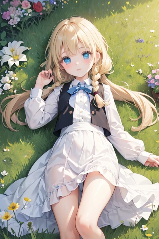 (8k, highest quality, Tabletop:1.2)、Ultra-high resolution、1 girl aged 11, Perfect Fingers, Detailed face, Blushing, blue eyes, Blonde, Braid, White panties, White blouse, Black vest, garden, flower bed, Lying on the grass