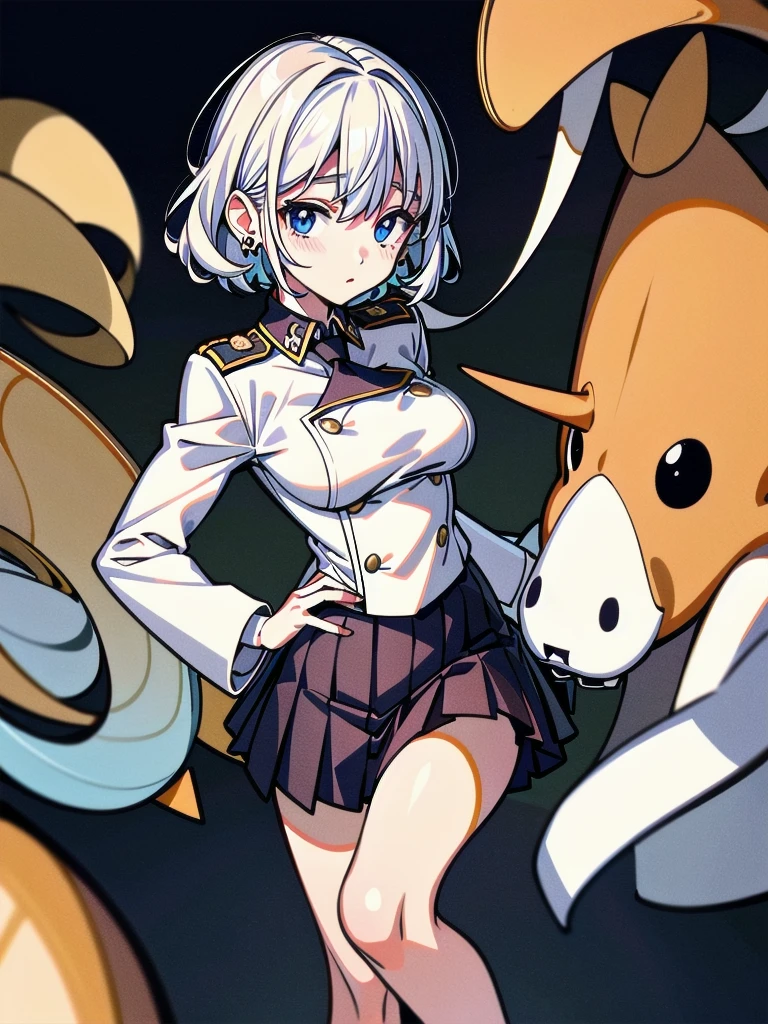 military uniform, absurdres, RAW photo, extremely delicate and beautiful, masterpiece, Best Quality, ultra high resolution, 32k, hyperrealistic, ultra-detailed, detailed description, pale skin, 20 years old, tearful mole, earring, Colossal tits, short medium hair, wavy hair, pleated skirt,