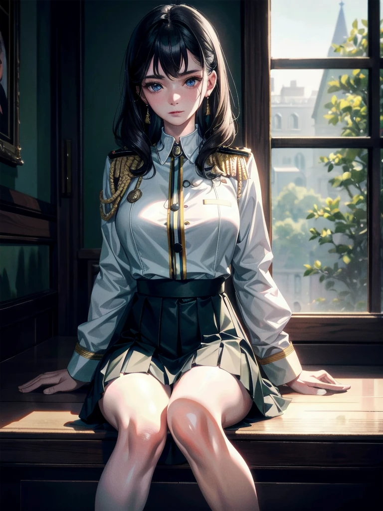 military uniform, absurdres, RAW photo, extremely delicate and beautiful, masterpiece, Best Quality, ultra high resolution, 32k, hyperrealistic, ultra-detailed, detailed description, pale skin, 20 years old, tearful mole, earring, Colossal tits, short medium hair, wavy hair, pleated skirt,