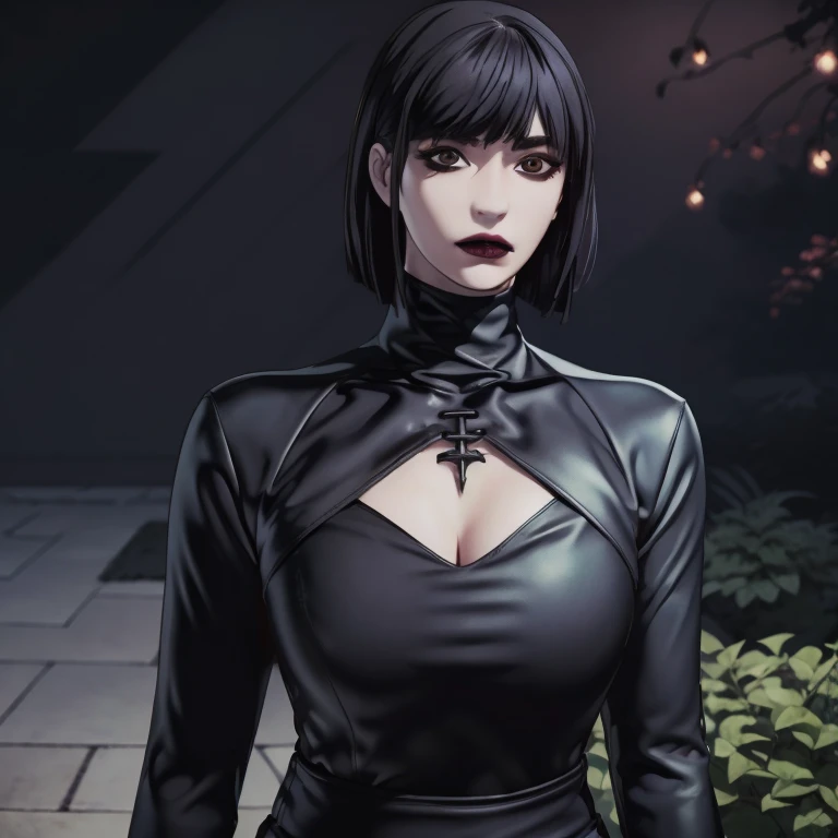 Manhwa goth girl, manhwa aesthetic, Looking at the audience, Light brown eyes:1.4, goth girl, Brunette long Bob Hair with highly detailed shiny hair, bright red clothes:1.4, Lepangas:1.4), illuminated skin (realistic texture), realistic shading, bright red eyes、{Huge|big chest|Huge|Mega} whole :2, Chest cleavage:2、(((Add highlights to the eyes:1.4、charming look 、Short Bob Hair、Glowing Skin:1.4、Looking at the audience、She is very beautiful and cute、Beautiful long neck, (cotton) black gothic shirt, latex tight pants, (converse) black sneakers, Ideal body type, (painted gothic Background:2、gothic garden background:2))、Beautiful long neck:1.4、(({Huge|big|Huge|Mega} chest, Chest cleavage:2、perfect Bodyは服を着ていない:1.6)),Perfect Anatomy, blade to side, strike pose, blade down, blade right hand, blurred background (masterpiece), best quality, high quality, highres, ultra-detailed), different poses at different angles.