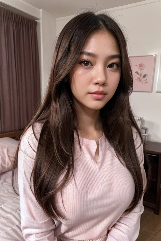 (best quality,highres:1.2),ultra-detailed,realistic,illustration,beautiful detailed eyes and face,long hair style,perfect face,Asian girl,soft pink lips,sweat,blush, full bust,model posing, bedroom, white long-sleeved shirt, black pleated skirt