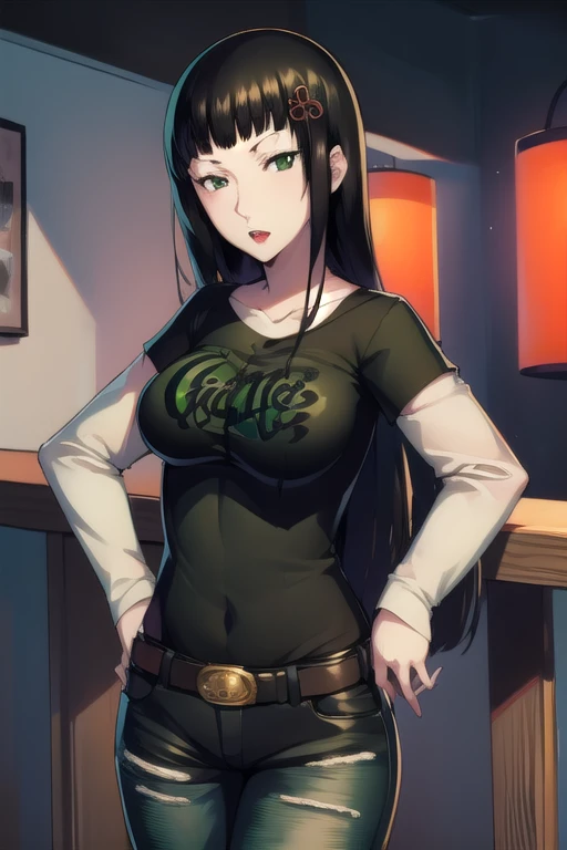 hifumitougou, hifumi tougou, (green eyes:1.5), black hair, long hair, bangs, blunt bangs, 1girl, solo, standing, black t-shirt, white shirt, blue jeans, belt, lipstick, large breasts