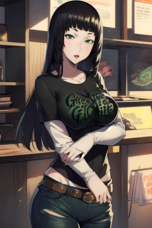 hifumitougou, hifumi tougou, (green eyes:1.5), black hair, long hair, bangs, blunt bangs, 1girl, solo, standing, black t-shirt, white shirt, blue jeans, belt, lipstick, large breasts