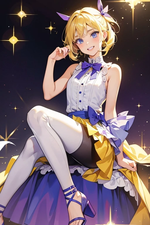 Chloe has blonde hair and blue eyes. She wears a yellow and white sleeveless dress, with black leggings and purple sandals, along with a purple bow in her hair. She also has a noticeable gap in her teeth.  SPARKLE; GLITTER
