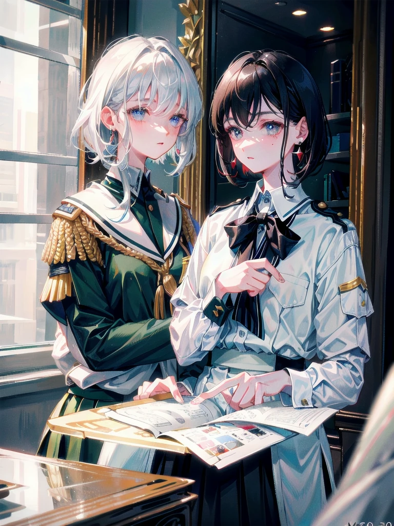 military uniform, absurdres, RAW photo, extremely delicate and beautiful, masterpiece, Best Quality, ultra high resolution, 32k, hyperrealistic, ultra-detailed, detailed description, pale skin, 20 years old, tearful mole, earring, Colossal tits, short medium hair, wavy hair, pleated skirt,