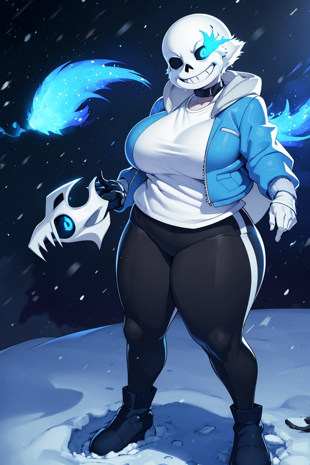 Toby Fox Undertale Sans blue jacket white shirt,Fire eyes skull smile white short hair glowing sexy keel cannon one standing in the snow town Femininefull big breast breast enlargement full-body shot