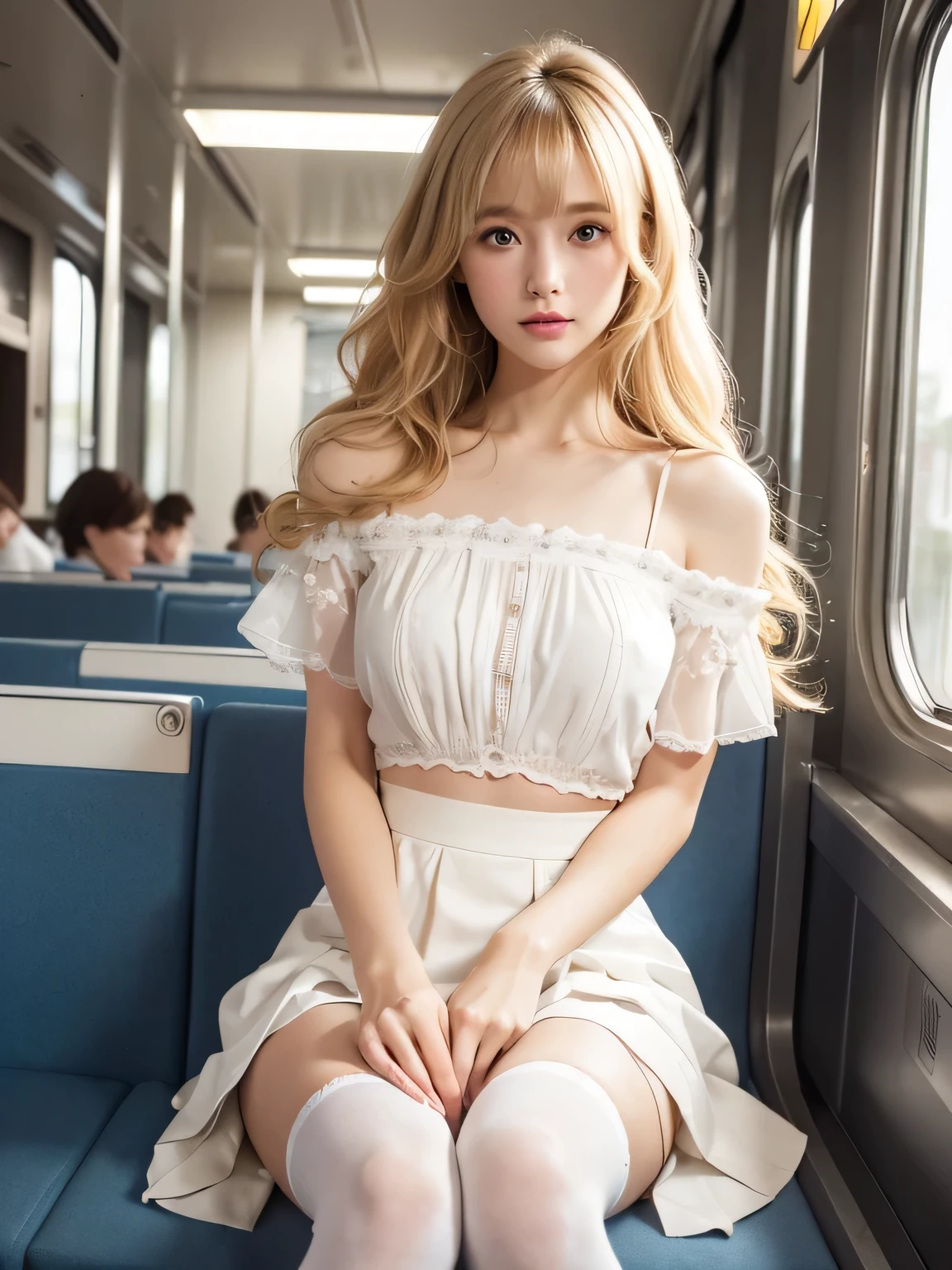 8K、Photo image masterpiece、highest quality、Super-resolution、Angle low-angle image from the feet、Beautiful woman with golden curly hair、((Blonde beauty))、With bangs、Impossibly cute face、And slim、Small breasts、High resolution、masterpiece、Exquisite Function 、Delicate eyes、Delicate blonde hair、8K quality、Pale light and shadow、Dindal effect、Messy blonde、With bangs、((A photo from the delicate feet)、(Detailed RAW Photos of Girls)、(Tabletop:1.25)、 (Highest quality:1.6)、(超High resolution:1.5)、(Real:1.75)、8k resolution、Image from the foot、 (RAW Photos:1.2), (Realistic:1.4), Beautiful detailed woman, Very narrow waist、Very detailed eyes and face, Beautiful fine details, Ridiculous、Large file size、Very detailed、High resolution、highest quality、masterpiece、((Lightweight summer blouses and skirts in a variety of shapes and colors))、Very detailed、CG、Unified、8k wallpaper、wonderful、The finer detailasterpiece、highest quality、 Light on the face、Cinema Lighting、One 23 year old woman、((Woman sitting in the front seat of a train、Wearing high heels、Thigh Gap 、White Stockings、Direct light from below、The inside of the skirt is also clearly visible.、Liked images、Random color and shape string panties under skirts、))