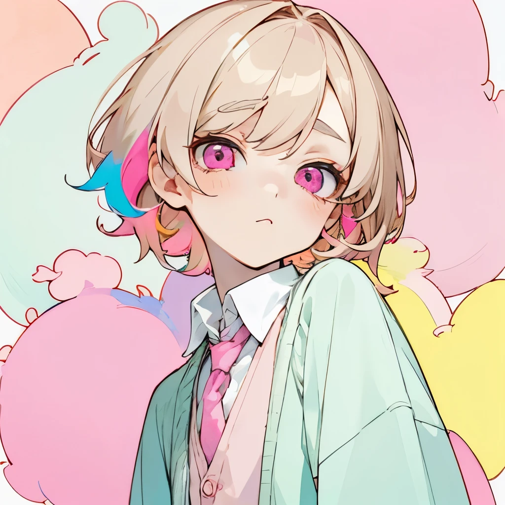 Perfect, masterpiece, anime trap, trap, femboy, cute femboy, kawaii, front facing, short hair, light hair, pink eyes, pale pink eyes, facing towards camera, looking forwards, looking at viewer, front facing, bust up, original character, facing camera, anime style, soft colours, close up, soft colours, soft shading, watercolour, light brown hair, pale eyes, light coloured eyes, pastel, cute, kawaii, wearing unbuttoned cardigan, male, skinny, slim, androgynous, pale eyes, lovely boy, sharp eyes, long lashes, skinny, fluffy cardigan, oversized cardigan, kawaii, cutest boy, lightest colours, slim face