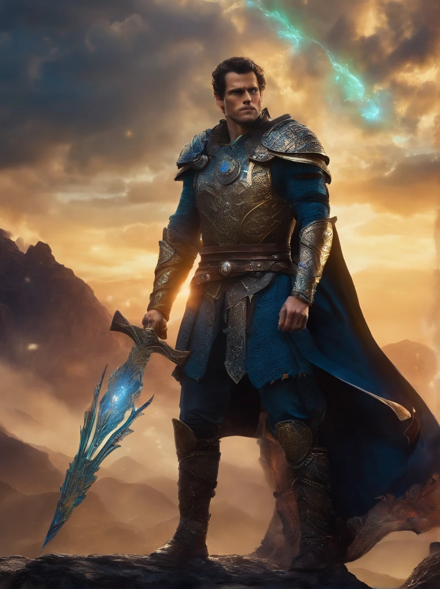 Henry Cavill as Connor McLeod, the Immortal Highlander holds an Excalibur, Delicate sleeves, The sword body is exquisite,well decorated,(((The blade is designed with a pattern in the form of blue opal and light green particle effects..:1.3))), Se, (The sword body is symmetrically decorated:1.3), (The entire Excalibur blade is centered:1.3), Mid-range close-up,(General silhouette:1.3),(Fantastic landscape painting:1.2), Ultra Realistic Photo, super-fine, 8K, Premium wallpapers, Highest image quality, ..。.。...。.。.3D,C4D, tmasterpiece, rendering by octane, A spear made of rune craft and Yggdrasil bark, Odin's Spear, Holding a spear,