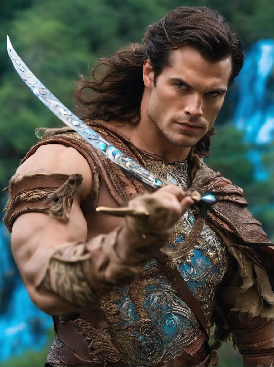 Henry Cavill as Connor McLeod, the Immortal Highlander holds an Excalibur, Delicate sleeves, The sword body is exquisite,well decorated,(((The blade is designed with a pattern in the form of blue opal and light green particle effects..:1.3))), Se, (The sword body is symmetrically decorated:1.3), (The entire Excalibur blade is centered:1.3), Mid-range close-up,(General silhouette:1.3),(Fantastic landscape painting:1.2), Ultra Realistic Photo, super-fine, 8K, Premium wallpapers, Highest image quality, ..。.。...。.。.3D,C4D, tmasterpiece, rendering by octane, A spear made of rune craft and Yggdrasil bark, Odin's Spear, Holding a spear,