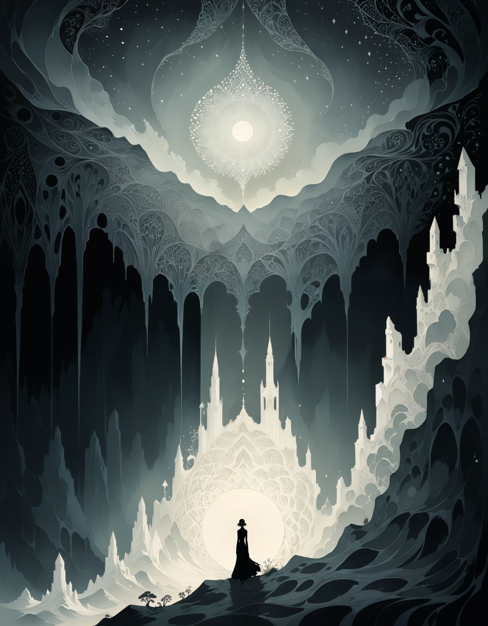 in style of Aubrey Beardsley,mystery book cover art, suspenseful, shadowy, atmospheric, dark colors "visualize a desolate expanse where a spectral landscape unfolds from an ambient haze, as if the very fabric of reality has been drained of color and vitality. a crystalline monolith,(smooth, Full of mysterious patterns, With a miraculous light:1.8)rises from the barren terrain like a shard of forgotten knowledge, Casting an eerie glow on a featureless landscape, the artwork should evoke a sense of disquieting detachment, where the boundaries between nothingness and existential despair blur, leaving the viewer suspended in a state of numb indifference.", vivid color