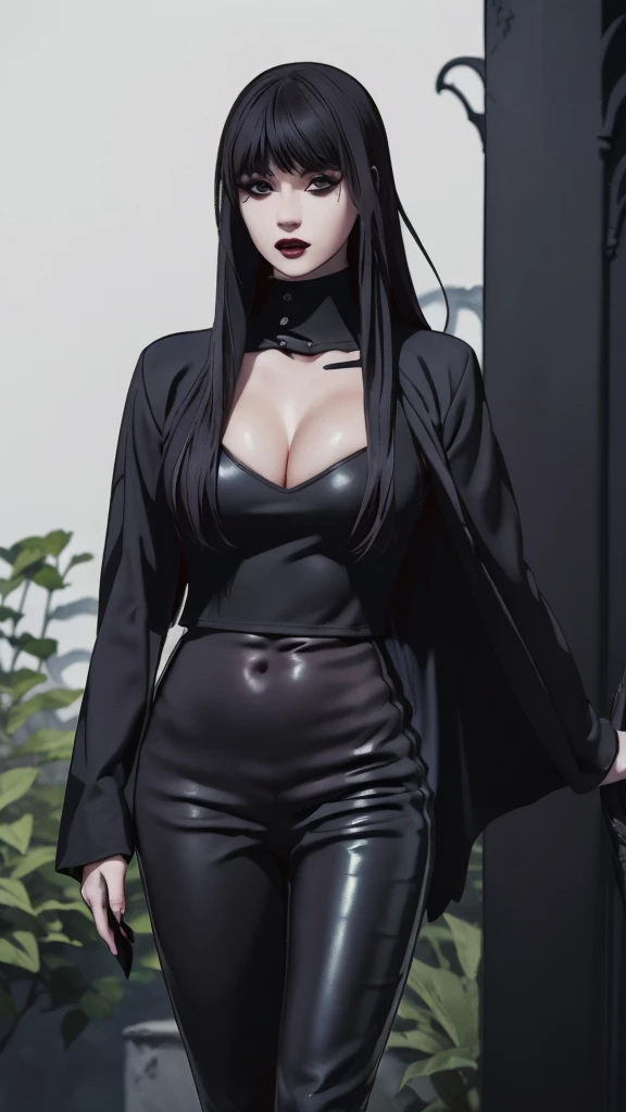 Manhwa aesthetic, Looking at the audience, Light brown eyes:1.4, goth girl, Brunette long Bob Hair with highly detailed shiny hair, bright red clothes:1.4, Lepangas:1.4), illuminated skin (realistic texture), realistic shading, bright red eyes、{Huge|big chest|Huge|Mega} whole :2, Chest cleavage:2、(((Add highlights to the eyes:1.4、charming look 、Short Bob Hair、Glowing Skin:1.4、Looking at the audience、She is very beautiful and cute、Beautiful long neck, (cotton) black gothic shirt, latex skirt, black torn pantyhose, red sneakers, Ideal body type, (painted gothic Background:2、gothic garden background:2))、Beautiful long neck:1.4、(({Huge|big|Huge|Mega} chest, Chest cleavage:2、perfect Bodyは服を着ていない:1.6)),Perfect Anatomy, blade to side, strike pose, blade down, blade right hand, blurred background (masterpiece), best quality, high quality, highres, ultra-detailed), different poses at different angles.