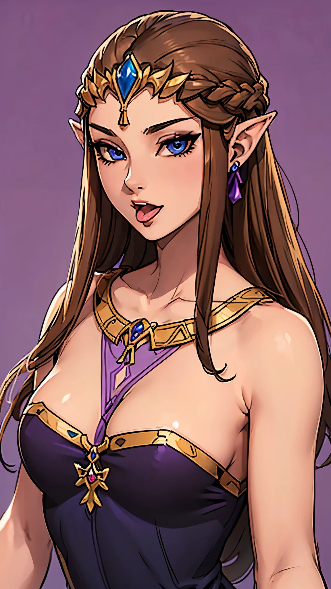 8K high quality, high accuracy, Princess Zelda, beautiful figure, beautiful face, Princess Dusk, beautiful, bright, highlights in eyes, small ears, brown hair, beautiful line drawing. Mouth open, tongue sticking out, purple background, blue eyes, black dress, head only depicted,