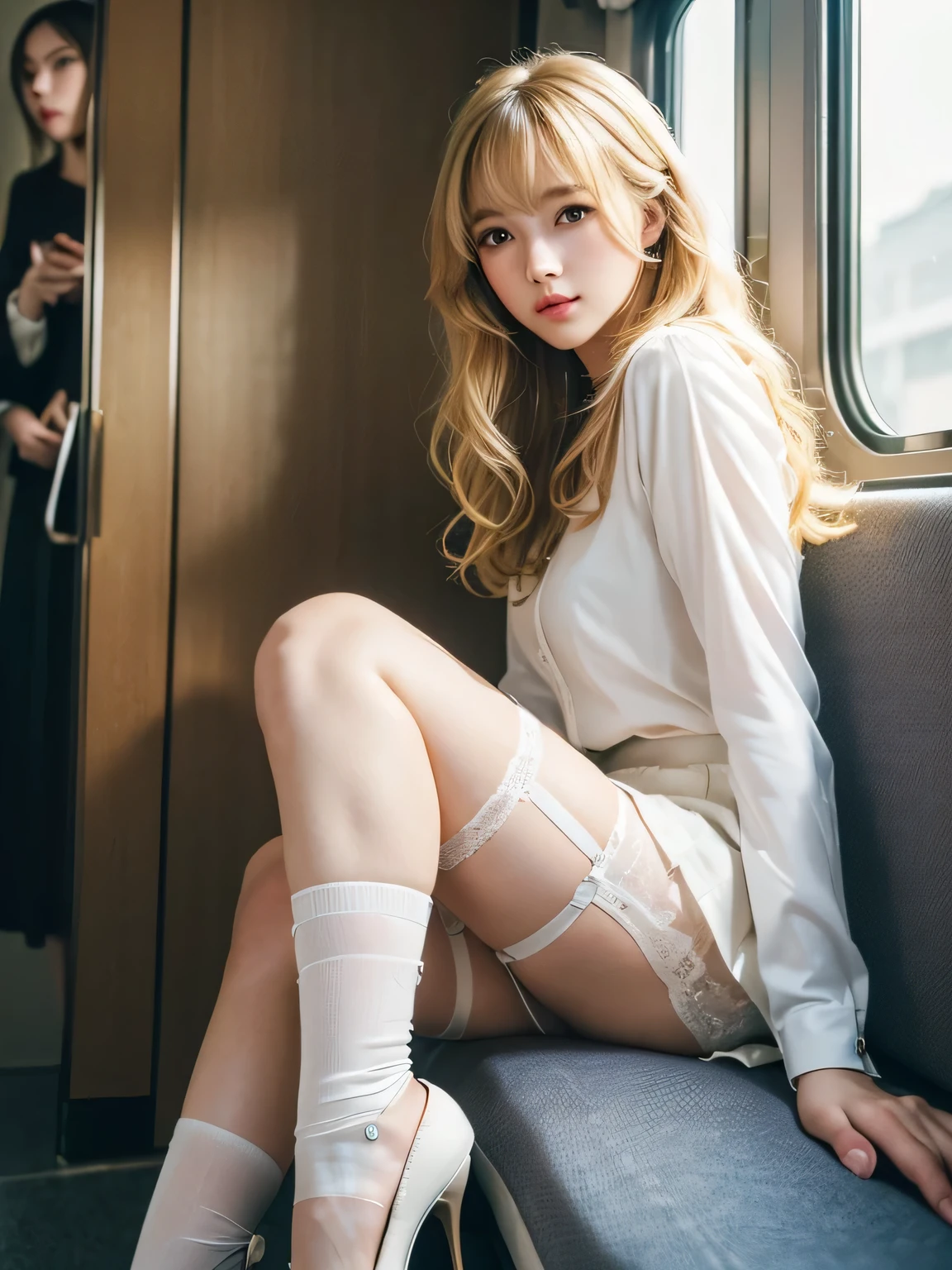 8K、Photo image masterpiece、highest quality、Super-resolution、Angle low-angle image from the feet、Beautiful woman with golden curly hair、((Blonde beauty))、With bangs、Impossibly cute face、And slim、Small breasts、High resolution、masterpiece、Exquisite Function 、Delicate eyes、Delicate blonde hair、8K quality、Pale light and shadow、Dindal effect、Messy blonde、With bangs、((A photo from the delicate feet)、(Detailed RAW Photos of Girls)、(Tabletop:1.25)、 (Highest quality:1.6)、(超High resolution:1.5)、(Real:1.75)、8k resolution、Image from the foot、 (RAW Photos:1.2), (Realistic:1.4), Beautiful detailed woman, Very narrow waist、Very detailed eyes and face, Beautiful fine details, Ridiculous、Large file size、Very detailed、High resolution、highest quality、masterpiece、((Lightweight summer blouses and skirts in a variety of shapes and colors))、Very detailed、CG、Unified、8k wallpaper、wonderful、The finer detailasterpiece、highest quality、 Light on the face、Cinema Lighting、One 23 year old woman、((Woman sitting in the front seat of a train、Wearing high heels、Thigh Gap 、White Stockings、garter belt、Direct light from below、The inside of the skirt is also clearly visible.、Liked images、Random color and shape string panties under skirts、))