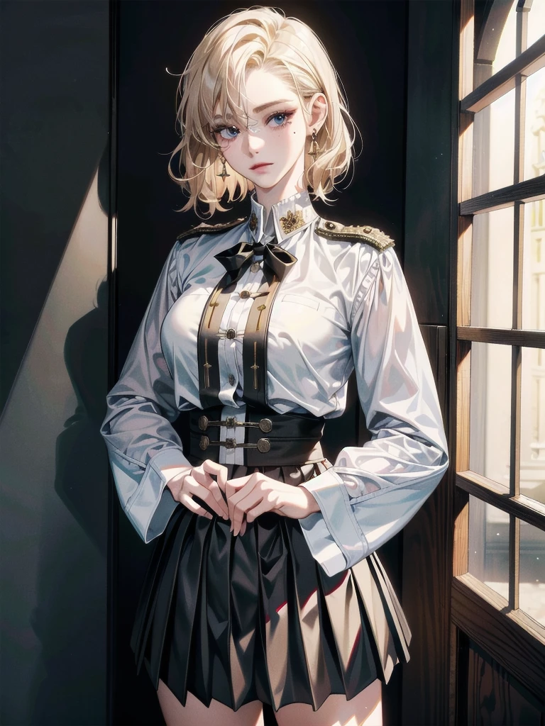 military uniform, absurdres, RAW photo, extremely delicate and beautiful, masterpiece, Best Quality, ultra high resolution, 32k, hyperrealistic, ultra-detailed, detailed description, pale skin, 20 years old, tearful mole, earring, Colossal tits, short medium hair, wavy hair, pleated skirt,
