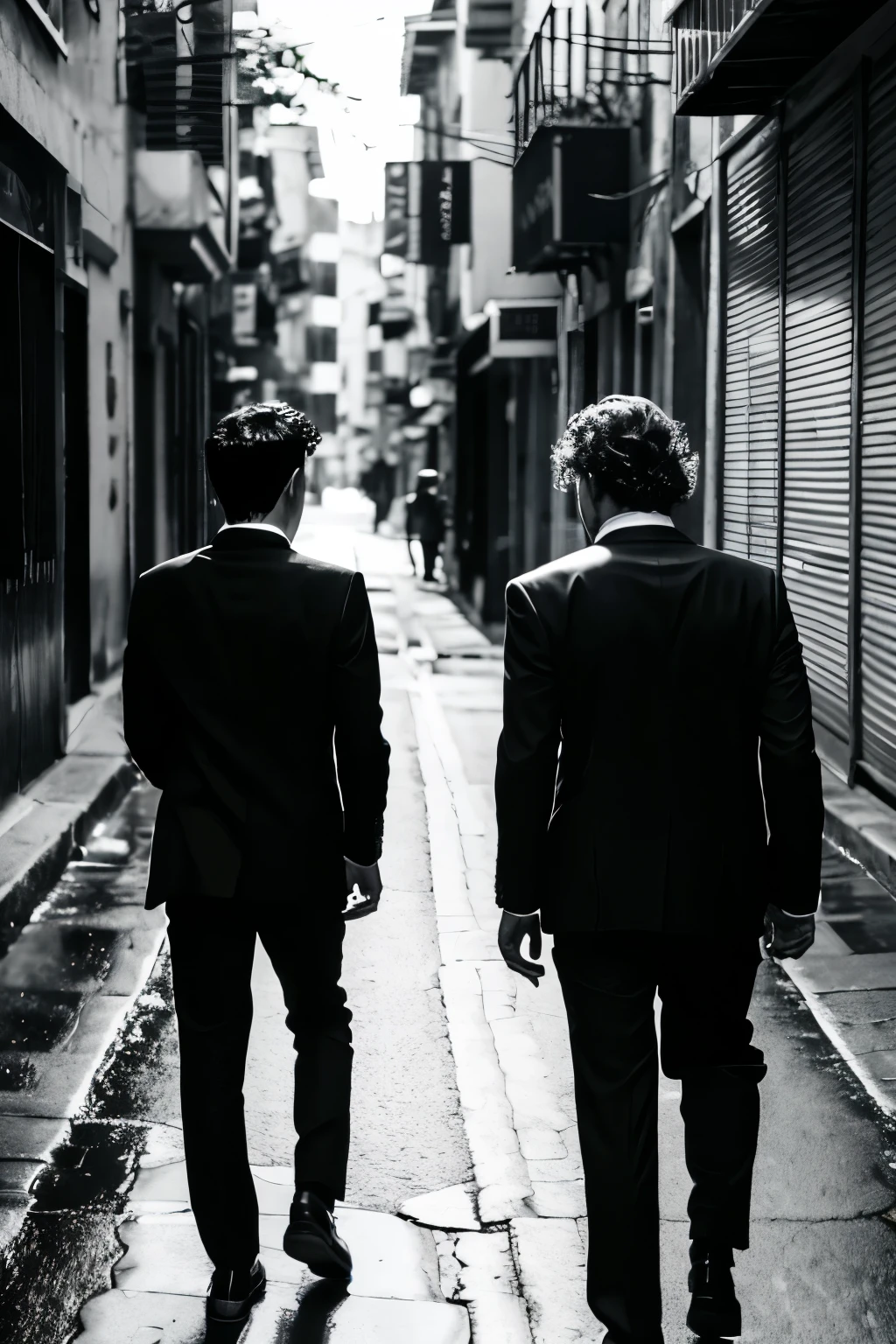 Dim back roads,10 men in black suits and sunglasses,Head this way,Monochrome