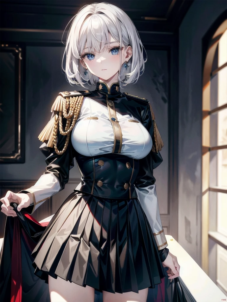 military uniform, absurdres, RAW photo, extremely delicate and beautiful, masterpiece, Best Quality, ultra high resolution, 32k, hyperrealistic, ultra-detailed, detailed description, pale skin, 20 years old, tearful mole, earring, Colossal tits, short medium hair, wavy hair, pleated skirt,