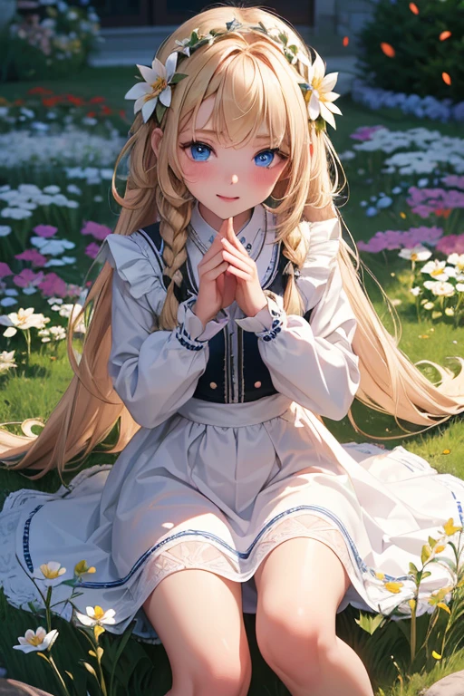 (8k, highest quality, Tabletop:1.2)、Ultra-high resolution、1 girl , Perfect Fingers, Detailed face, Blushing, blue eyes, Blonde, Braid, White panties, White blouse, Black vest, garden, flower bed, Sitting on the grass