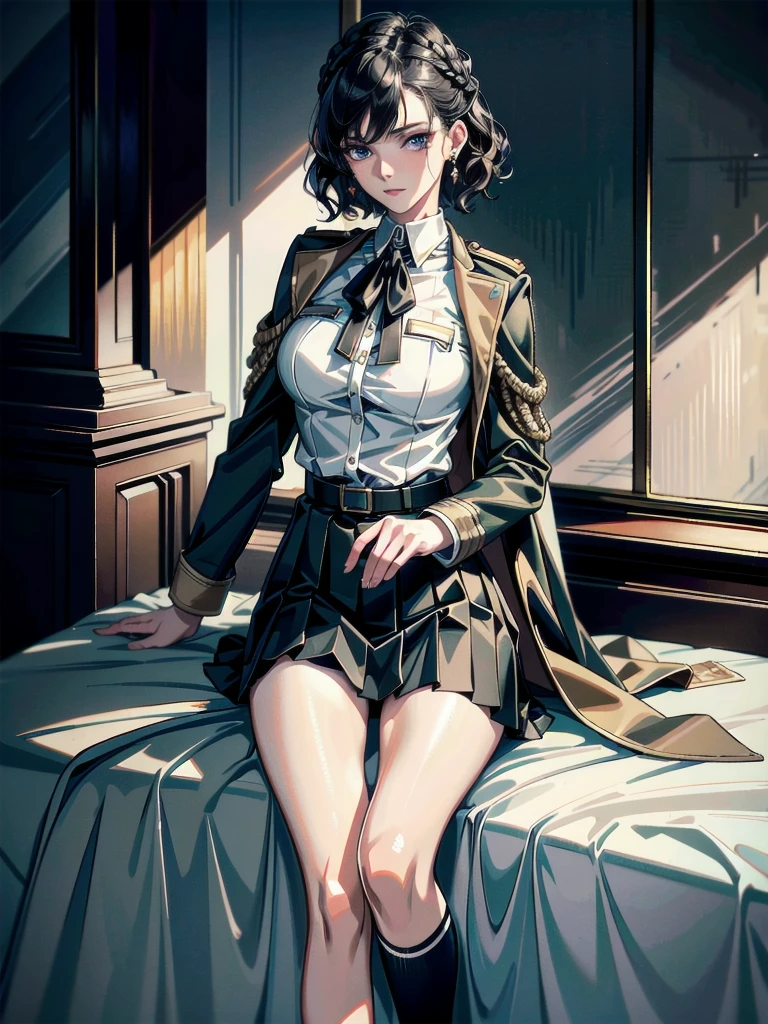 military uniform, absurdres, RAW photo, extremely delicate and beautiful, masterpiece, Best Quality, ultra high resolution, 32k, hyperrealistic, ultra-detailed, detailed description, pale skin, 20 years old, tearful mole, earring, Colossal , short medium hair, wavy hair, pleated skirt,