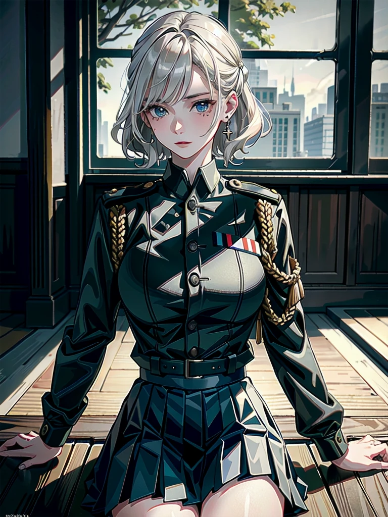 military uniform, absurdres, RAW photo, extremely delicate and beautiful, masterpiece, Best Quality, ultra high resolution, 32k, hyperrealistic, ultra-detailed, detailed description, pale skin, 20 years old, tearful mole, earring, Colossal tits, short medium hair, wavy hair, pleated skirt,