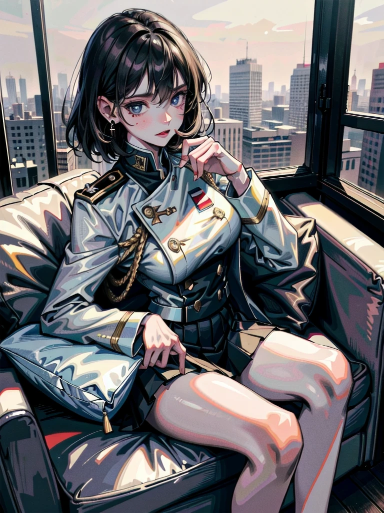 military uniform, absurdres, RAW photo, extremely delicate and beautiful, masterpiece, Best Quality, ultra high resolution, 32k, hyperrealistic, ultra-detailed, detailed description, pale skin, 20 years old, tearful mole, earring, Colossal tits, short medium hair, wavy hair, pleated skirt,