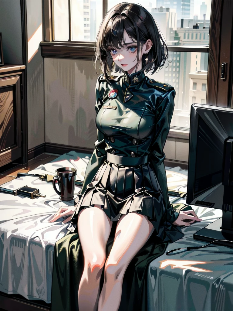 military uniform, absurdres, RAW photo, extremely delicate and beautiful, masterpiece, Best Quality, ultra high resolution, 32k, hyperrealistic, ultra-detailed, detailed description, pale skin, 20 years old, tearful mole, earring, Colossal tits, short medium hair, wavy hair, pleated skirt,