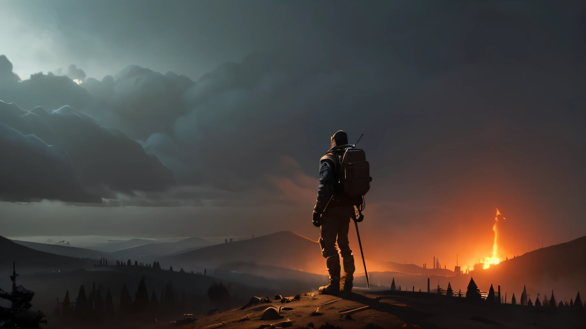um personagem no meio da imagem, vista arafa de um homem parado em uma colina com vista para uma vila nos EUA na floresta, digital illustration, Scenario game concept art, arte conceitual para um videogame, post-apocalyptic landscape, atmospheric detailed and gritty, Arte conceitual do DayZ, 