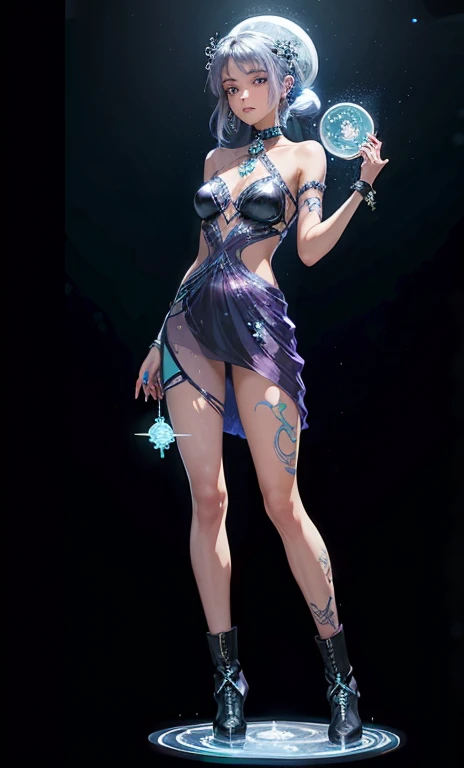 ice tattoos lines like vines appear on the face and arms of a girl ((full body)) with teal mix purple hair. purple eyes. dark-blue hair. wearing a soft crystal diamond glass dress with glass-boots of ice crystals. ((holding a metal moon shape disc around her wrists))"