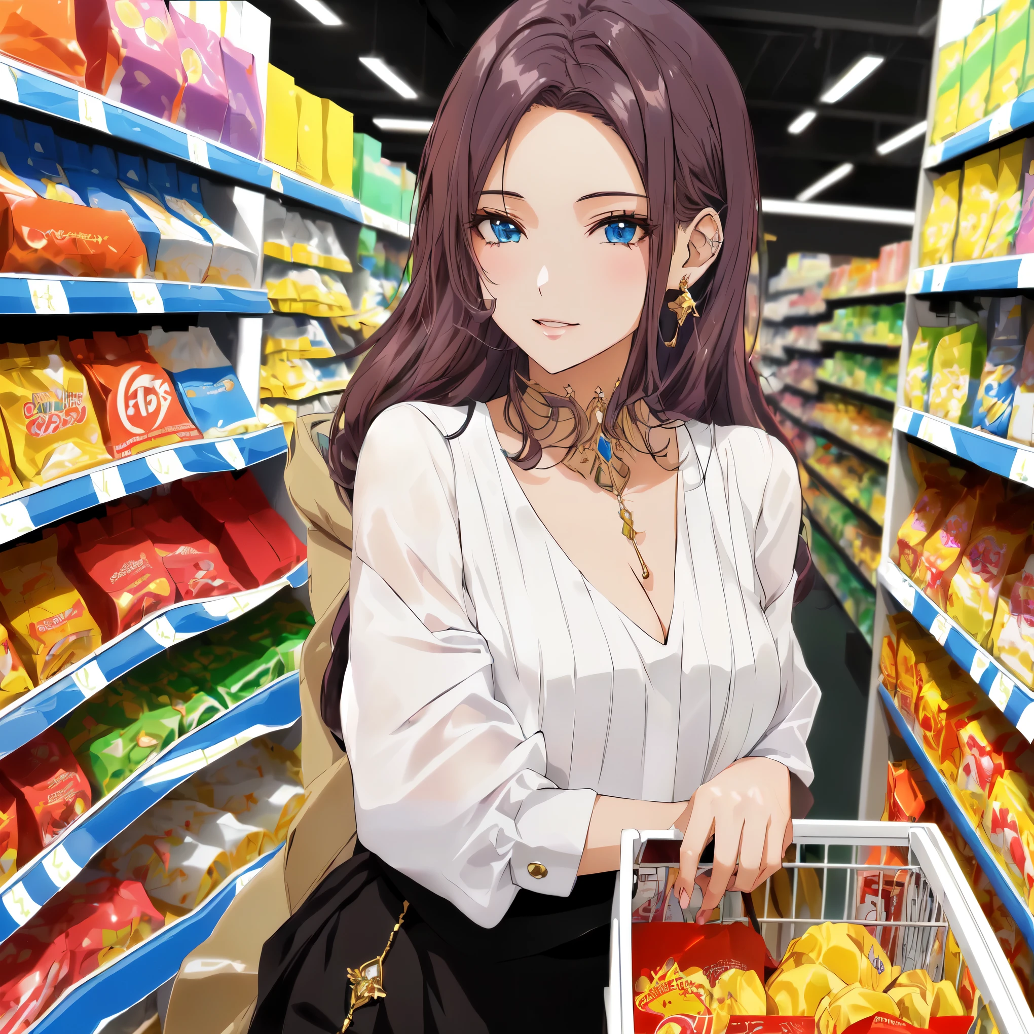 Mulher de anime com um carrinho de compras em uma mercearia, compras de mantimentos, estava em um supermercado, fazendo compras, anime digital illustration, arte cg de anime suave, convenience store, estilo anime 3 d realista, em estilo anime, inspirado em Sim Sa-jeong, estilo de arte realista, estilo de arte de anime de alta qualidade, arte digital detalhada de anime, estilo de arte de anime realista, no estilo anime, rica, jewelry, dinheiro, luxo, mulher rica fazendo compras