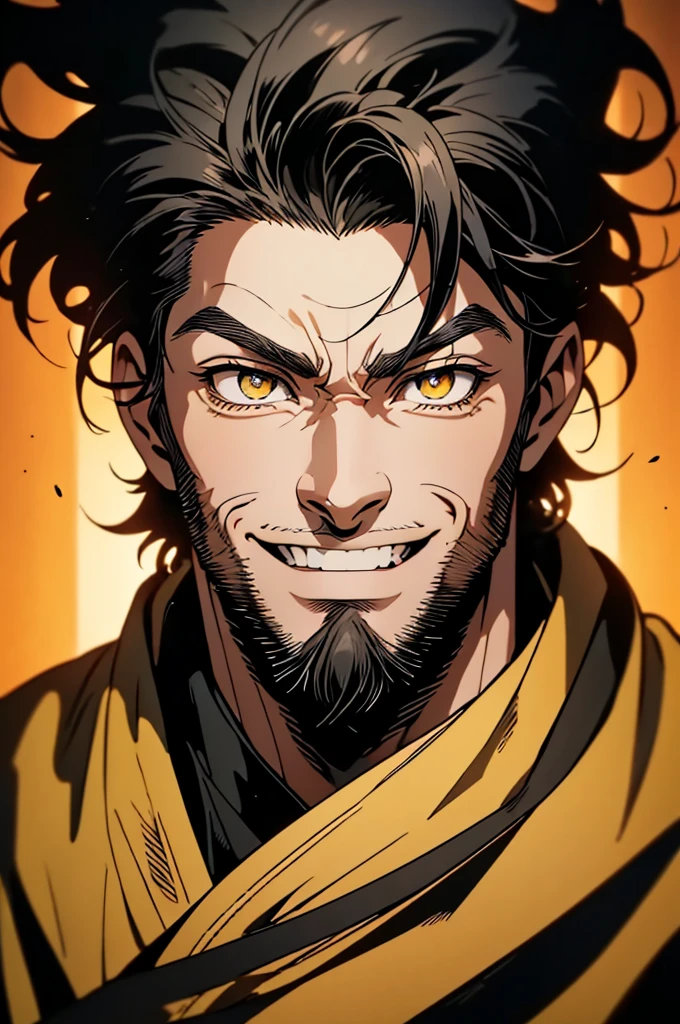(masterpiece, 8k, 32k, ultra quality image), masculine man, 38 years old, image focused on the character's face, deep yellow eyes, long straight black hair, medical coat, (character looking fixedly at the viewer, very confident expression, big confident smile)