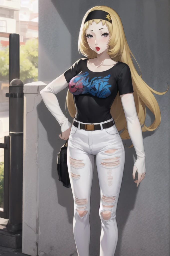 chihayap5, very long hair, blonde hair, headband, 1girl, solo, standing, black t-shirt, white shirt, blue jeans, belt, lipstick, large breasts