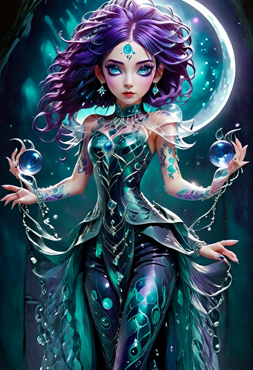 ice tattoos lines like vines appear on the face and arms of a girl ((full body)) with teal mix purple hair. purple eyes. dark-blue hair. wearing a soft crystal diamond glass dress with glass-boots of ice crystals. ((holding a metal moon shape disc around her wrists))"